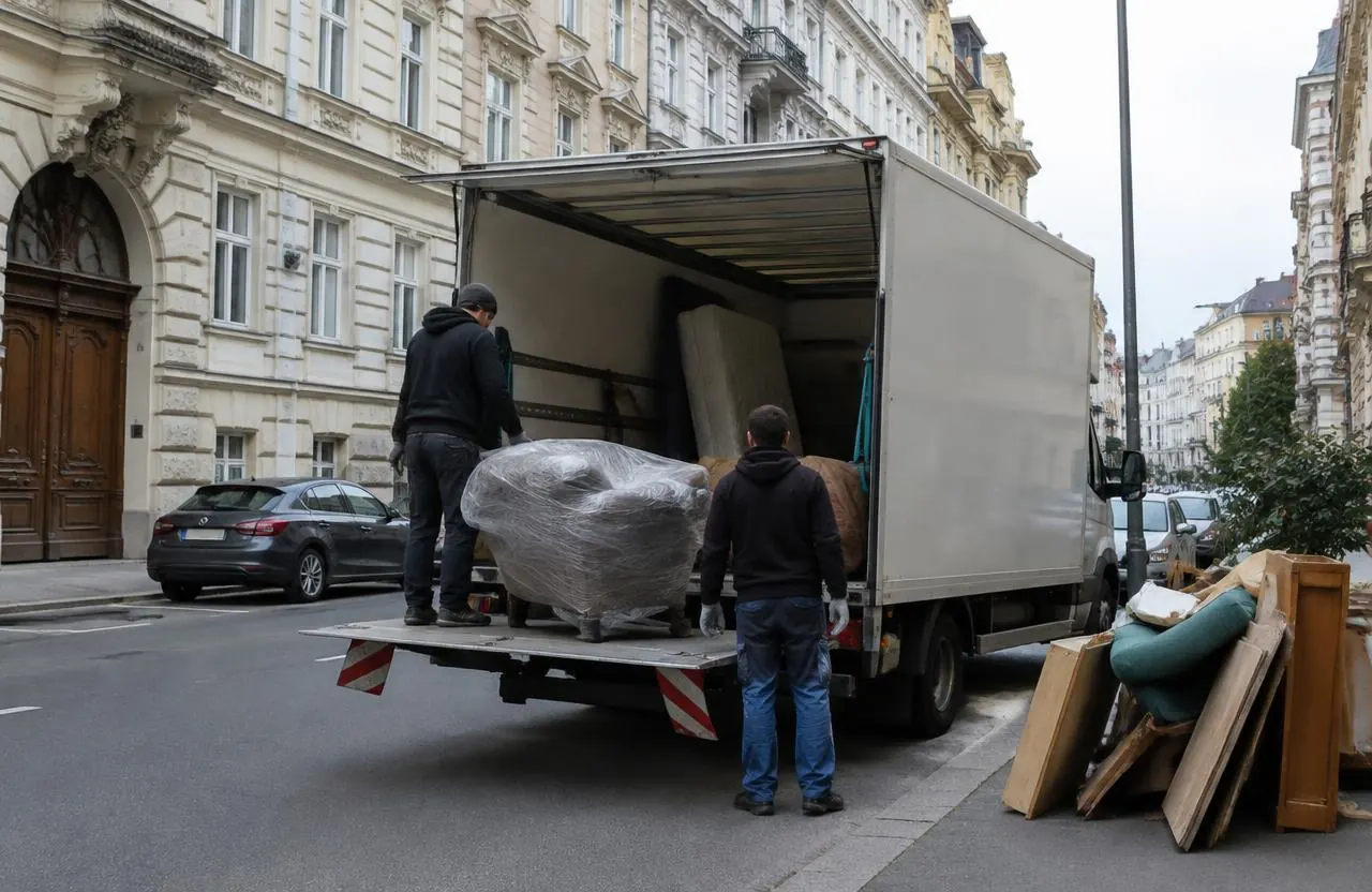 Unbeschrifteter Räumungs-LKW mit Ladebordwand in einer Wiener Gasse