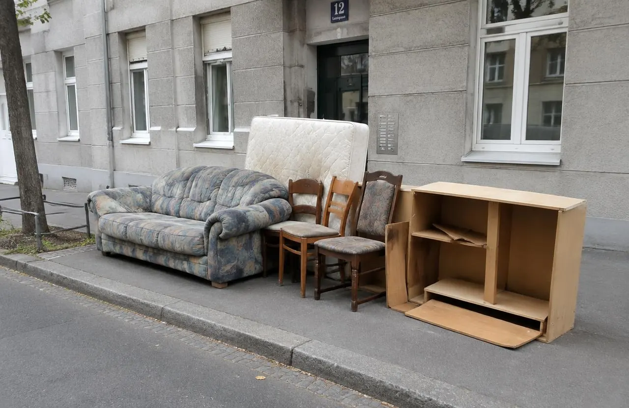 Sperrmüll mit Sofa, Matratze und Sesseln vor einem Wiener Wohnhaus